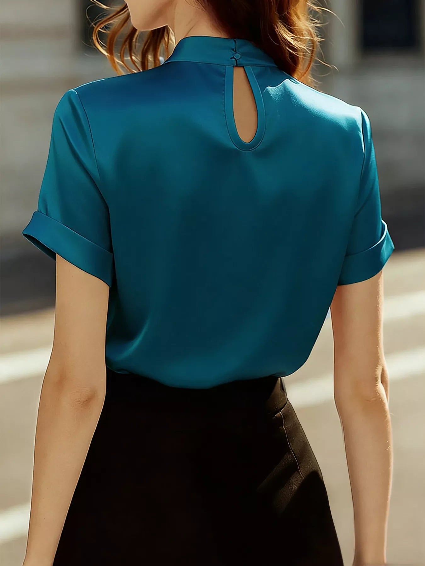 Satin Keyhole Short Sleeve Blouse