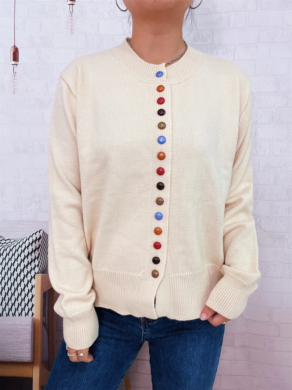 Button-Front Cardigan with Colorful Detail Buttons