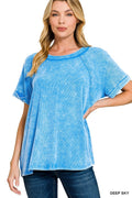 Zenana Washed Ribbed Cuffed Short Sleeve Round Neck Top