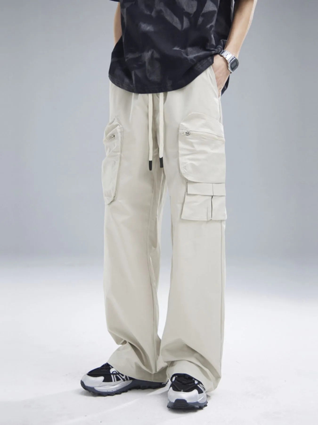 Men's Multi-Pocket Cargo Wide Leg Pants with Drawstring Waist