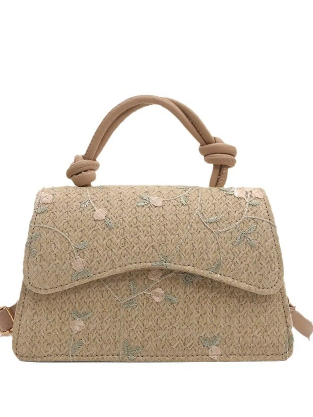 Floral Embroidered Straw Woven Crossbody Bag