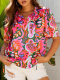 Printed Tie Neck Short Sleeve Blouse