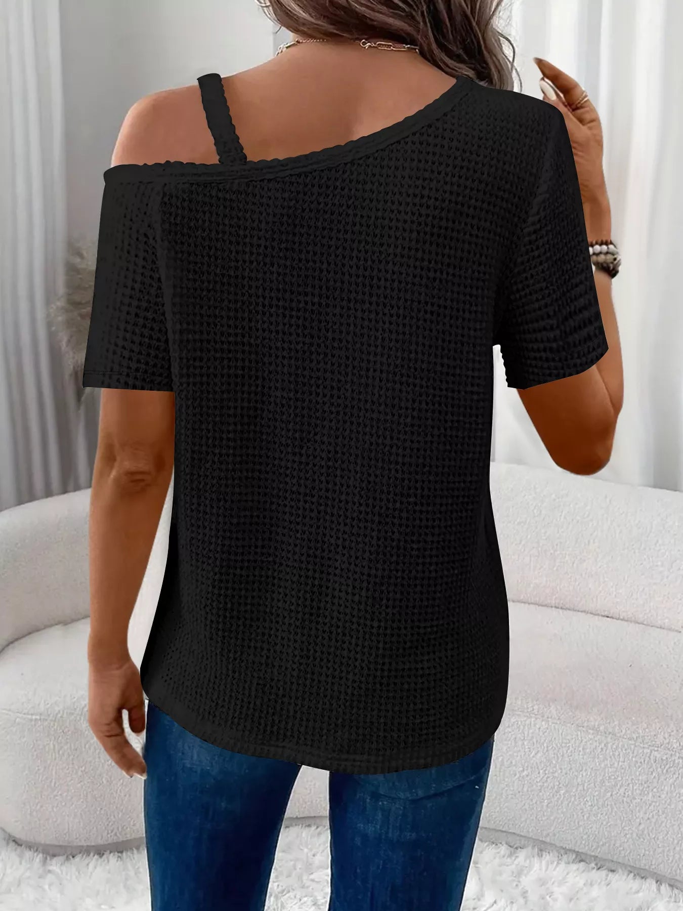 One-Shoulder Chain Detail Waffle Knit T-Shirt