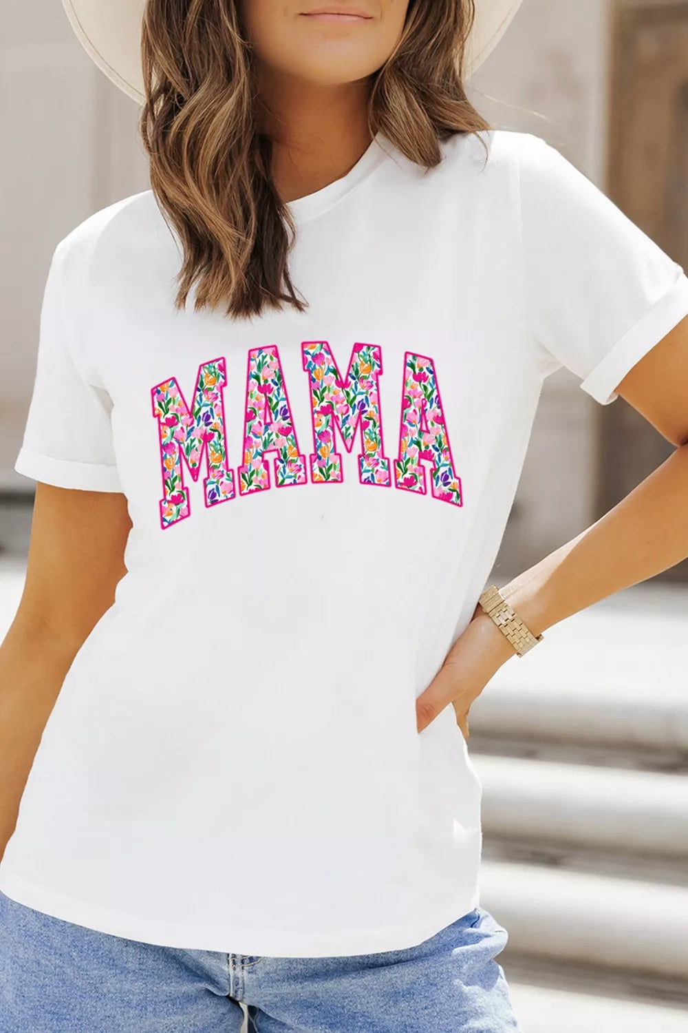 Full Size Floral Mama Graphic Casual Short Sleeve T-Shirt Plus Size