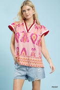 Umgee Border Print Split-Neck Boho Top