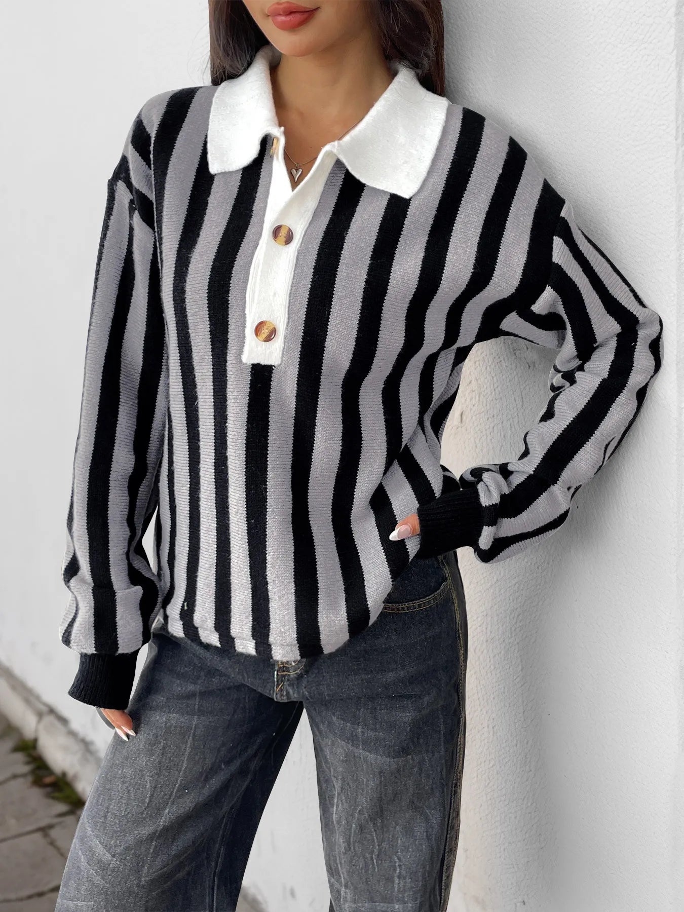 Striped Button Front Long Sleeve Sweater