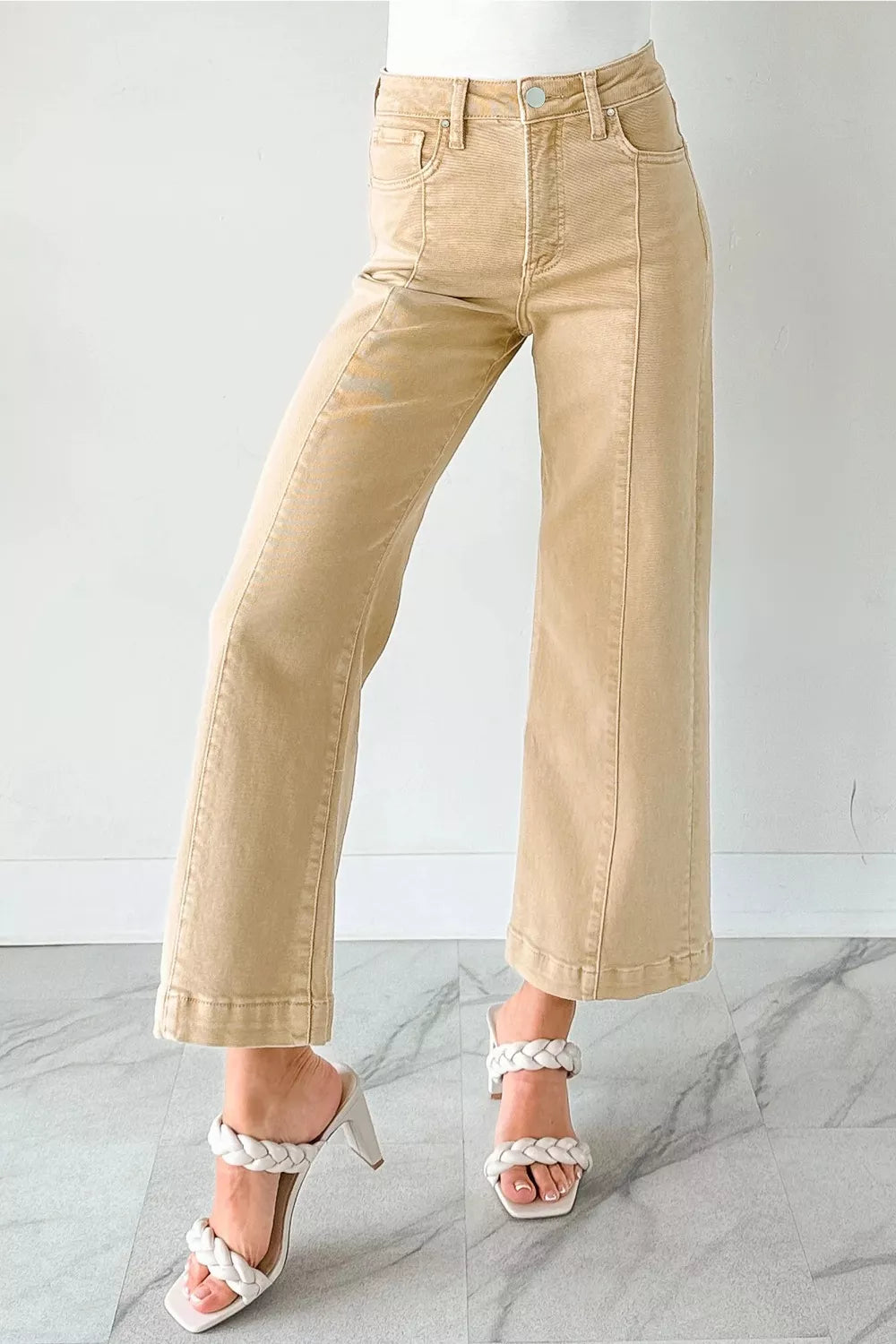 Solid Color Seamed Center Wide Leg Cropped Jeans