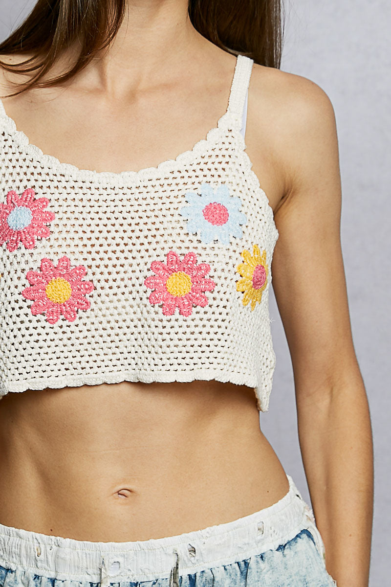 POL U-Neck Cropped Crochet Cami with Floral Embroidery Detail