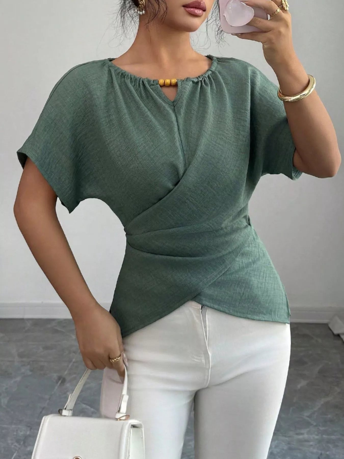 Beaded Neckline Short Sleeve Blouse