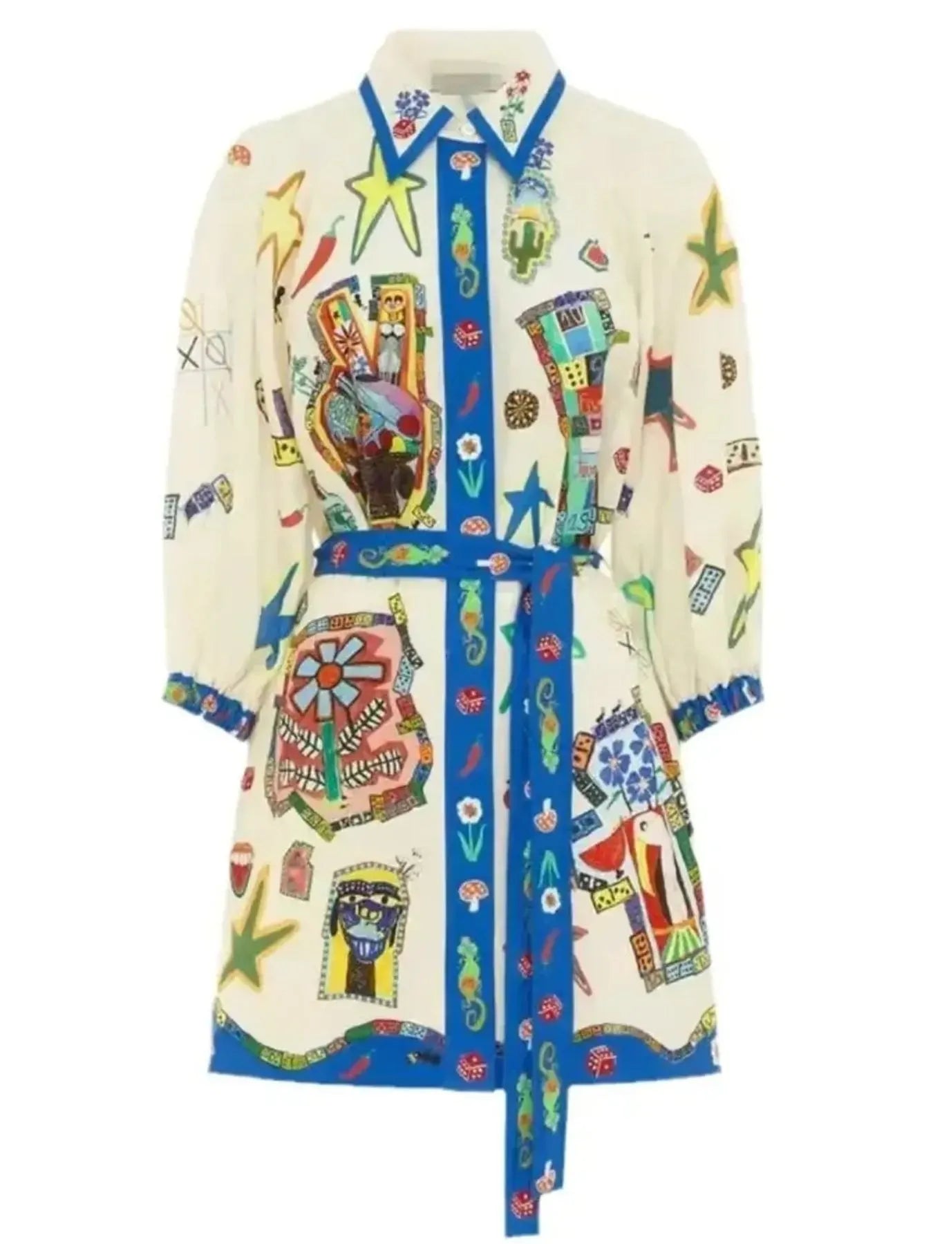 Printed Tie Waist Mini Shirt Dress