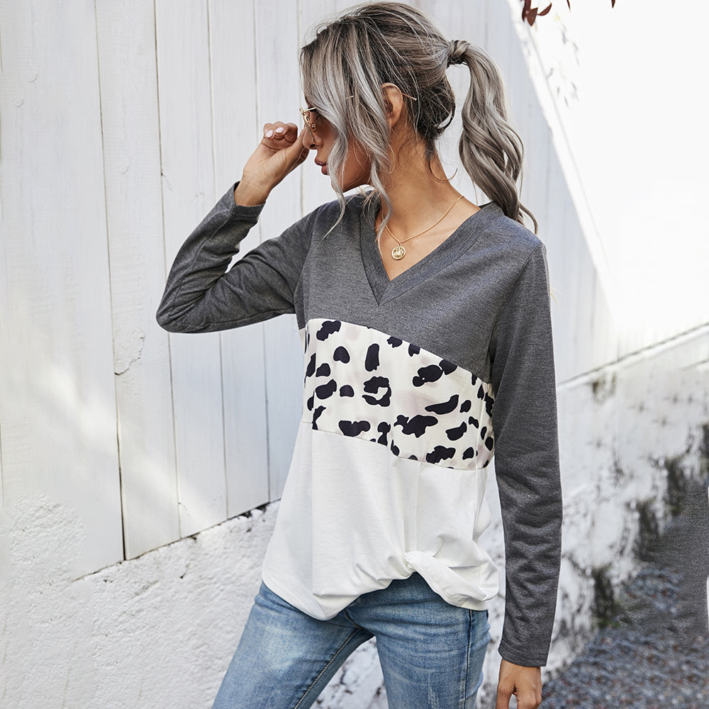 Shiny Leopard Color Block V-Neck Twisted Tee