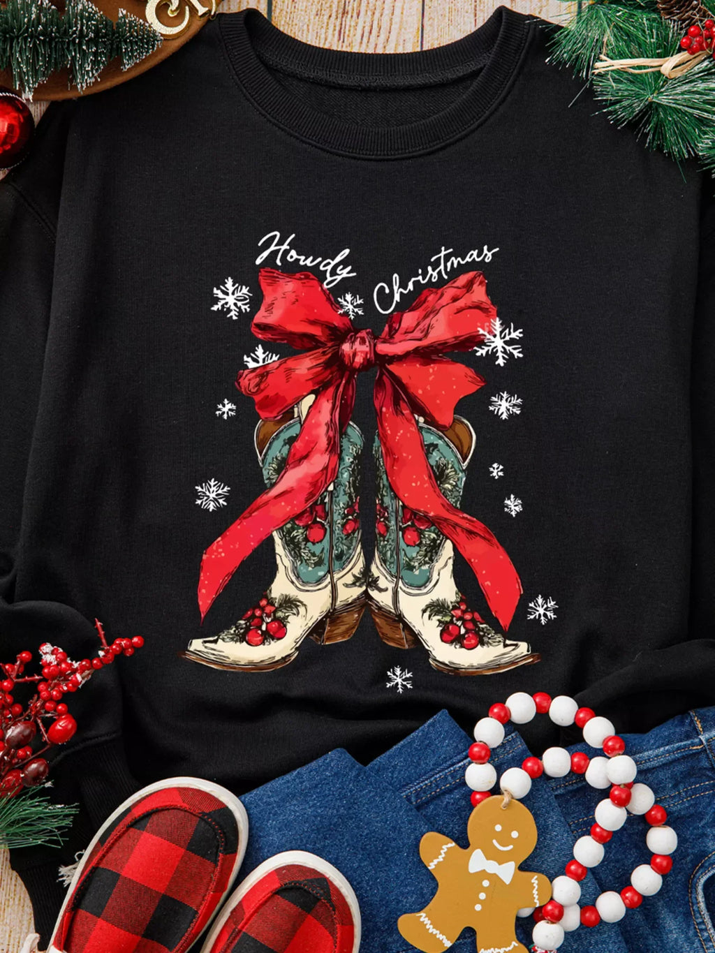 Howdy Christmas Ribbon Bow Knot Western Boots Graphic Sweatshirt