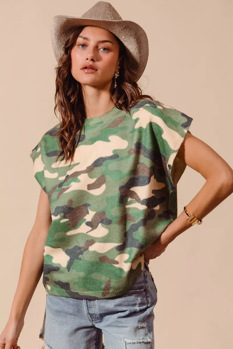SO ME Camouflage Print Dolman Soft Sweater Top