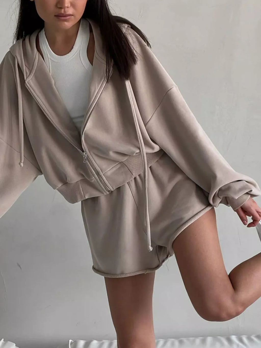 Zip Up Long Sleeve Outerwear and Shorts Set