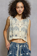 POL Embroidered Floral Cropped Crochet Vest