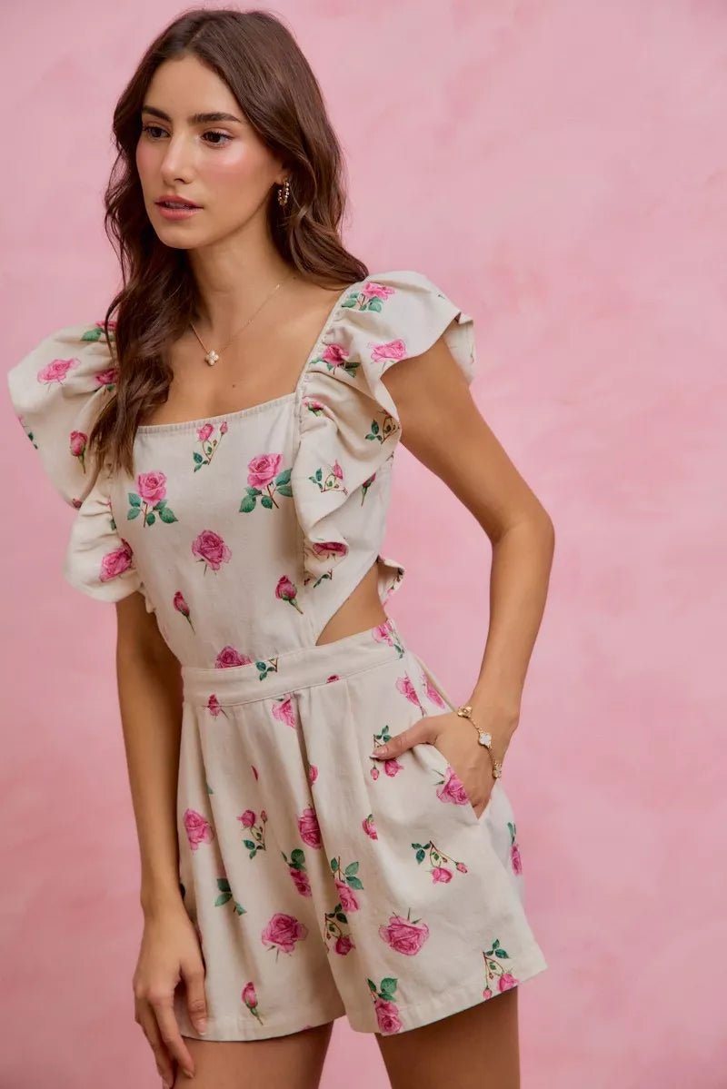 SO ME Floral Print Denim Cut Out Waist Ruffled Romper