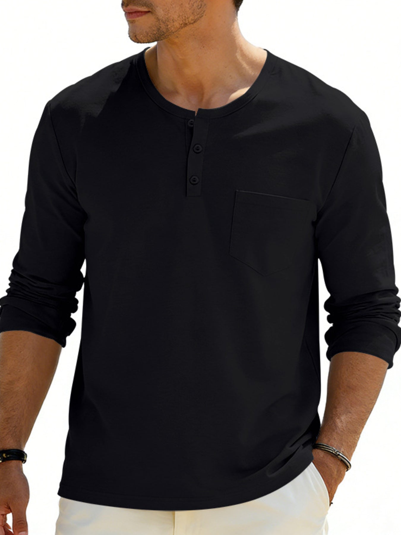 Men's Plus Size Casual Long Sleeve Henley T-Shirt with Pocket