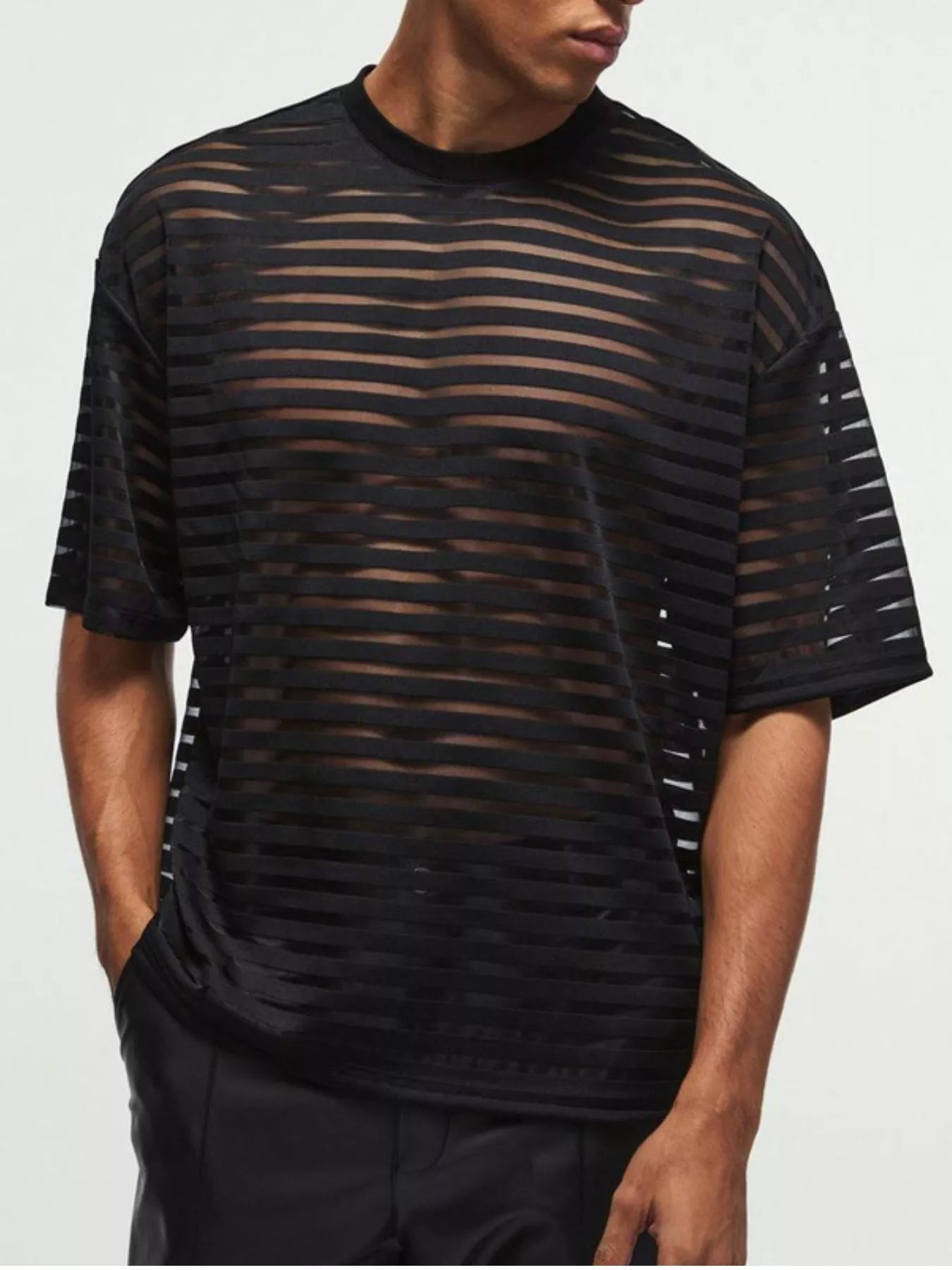 Men's Full Size Sheer Striped Round Neck T-Shirt Plus Size