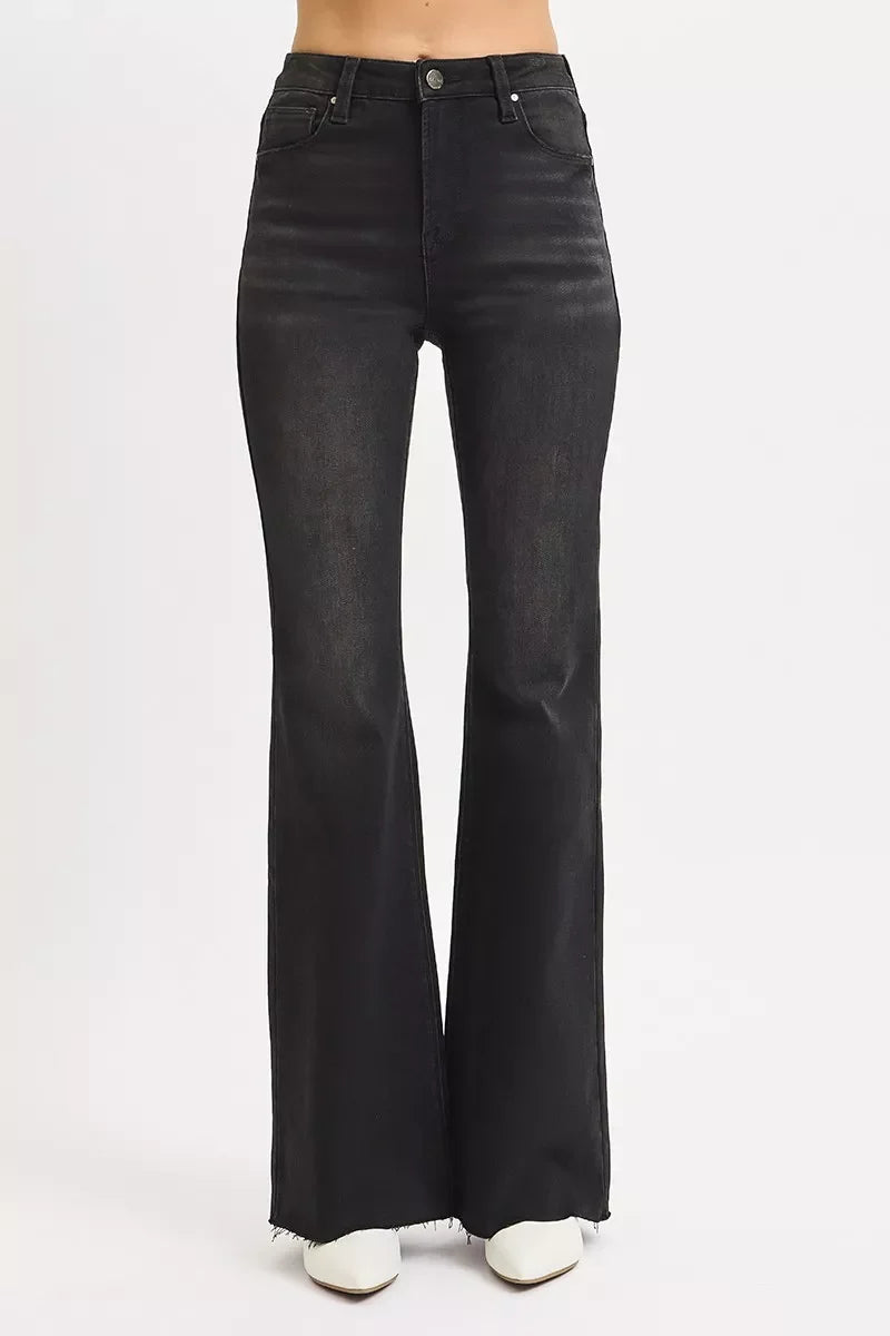 RISEN Full Size High Rise Flare Raw Cut Hem Jeans Plus Size