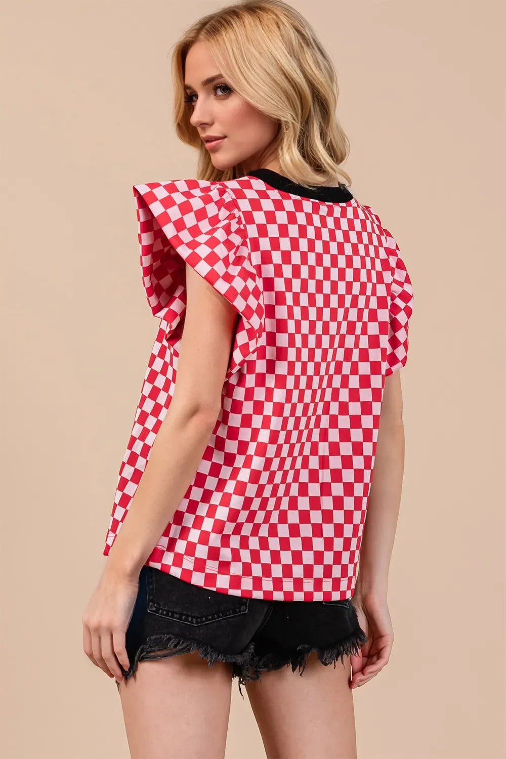 Oh Checkered Round Neck Puff Sleeve Blouse