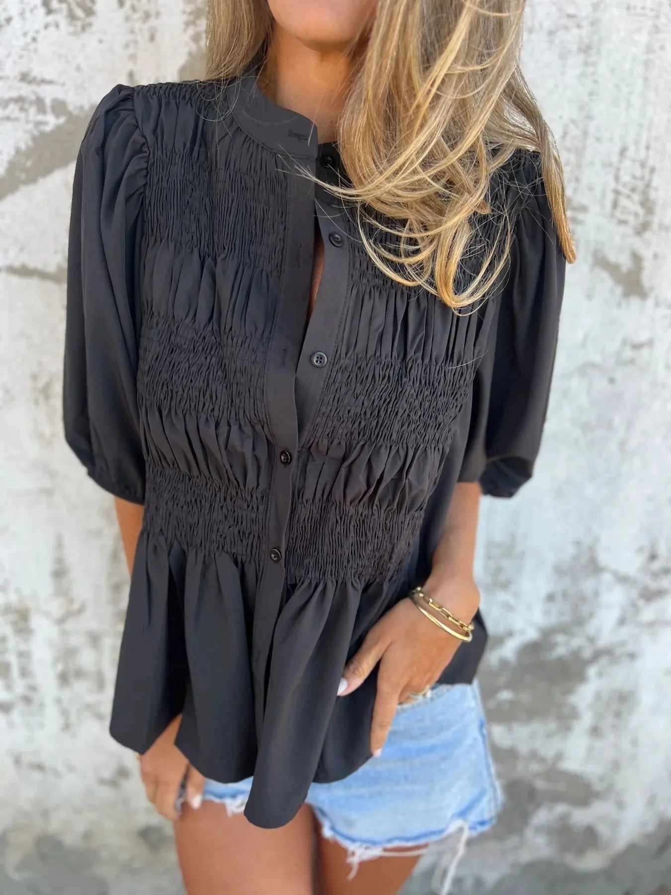 Full Size Smocked Puff Sleeve Blouse Plus Size