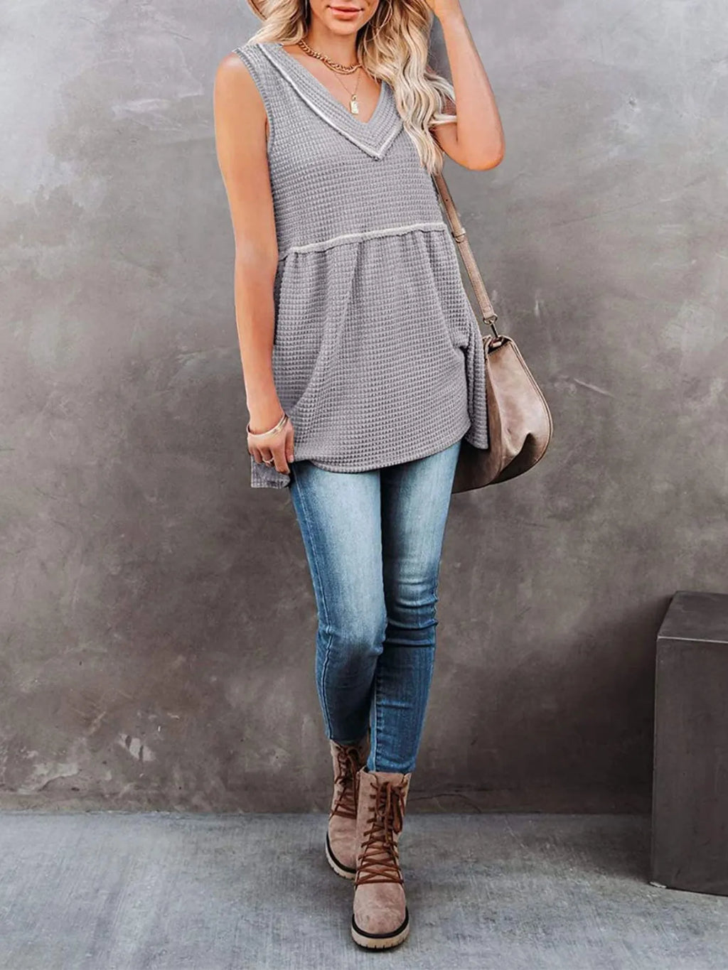 V-Neck Waffle Knit Tank Top with Contrast Stitching