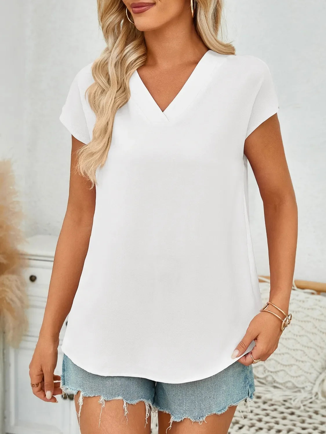 V-Neck Cap Sleeve Blouse