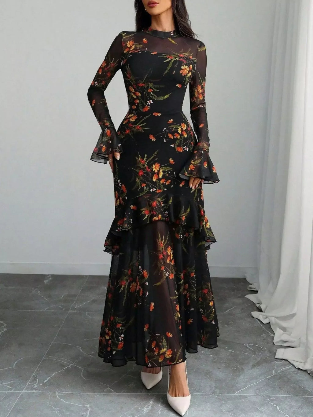 Floral Print Flounce Sleeve Mermaid Maxi Dress