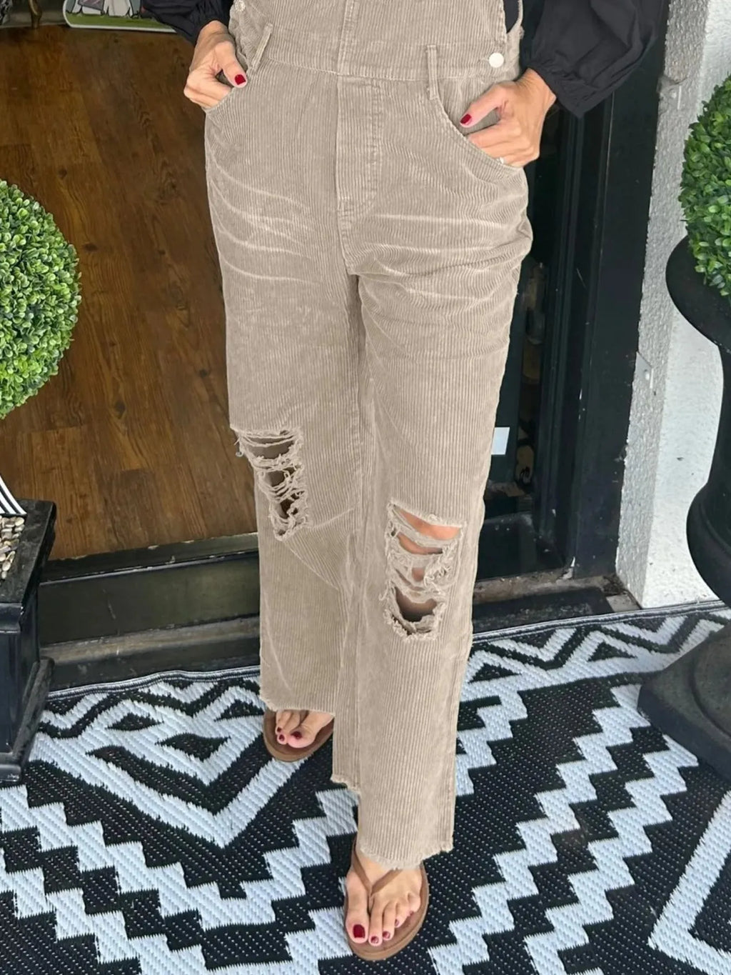 Distressed Wide Leg Corduroy Overalls