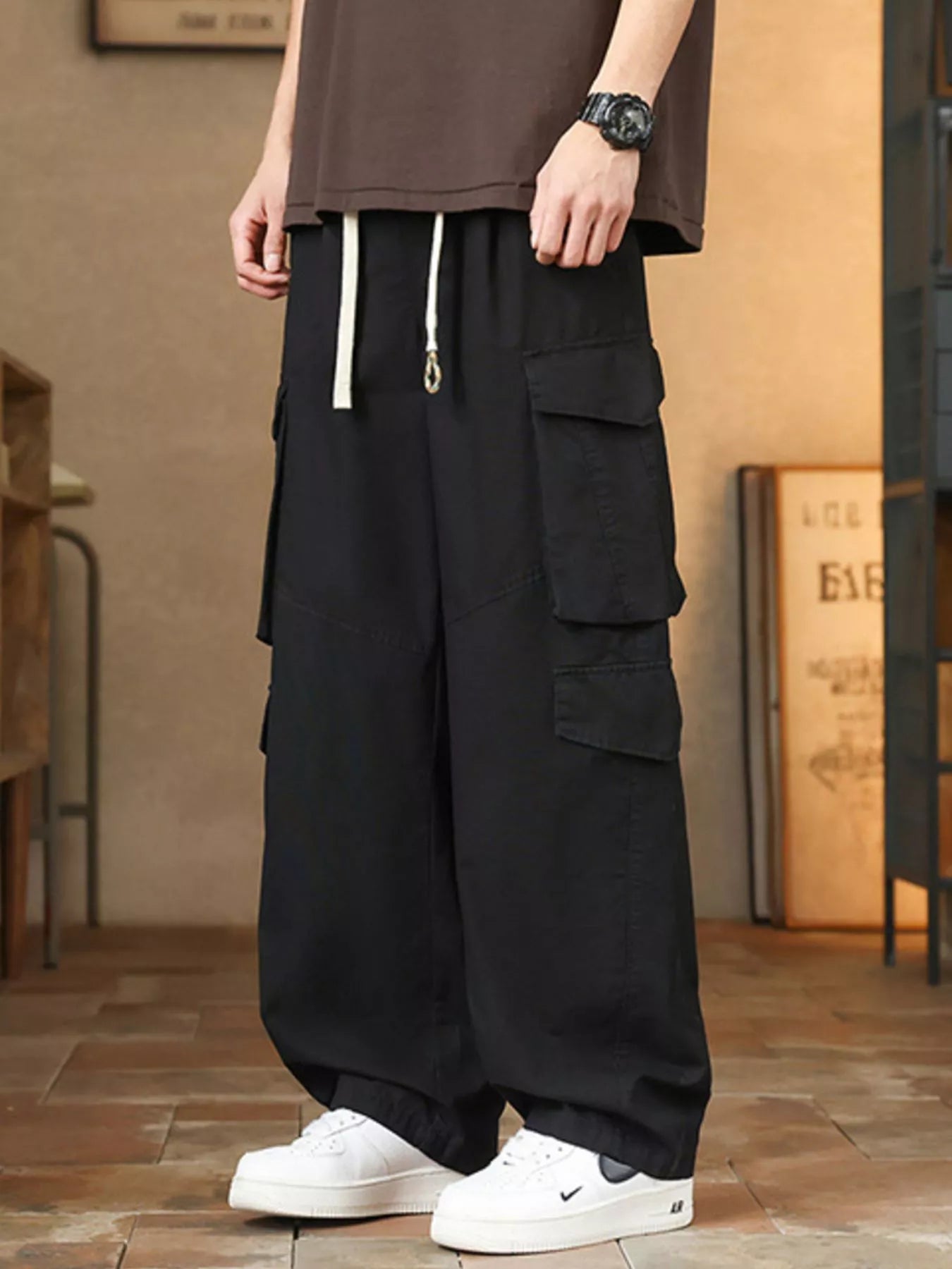 Men's Plus Size Loose Fit Cargo Pants with Drawstring