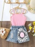Children's Top & Sunflower Denim Shorts Set