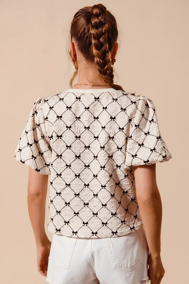 SO ME Bow Texture Woven Bubble Sleeve Top