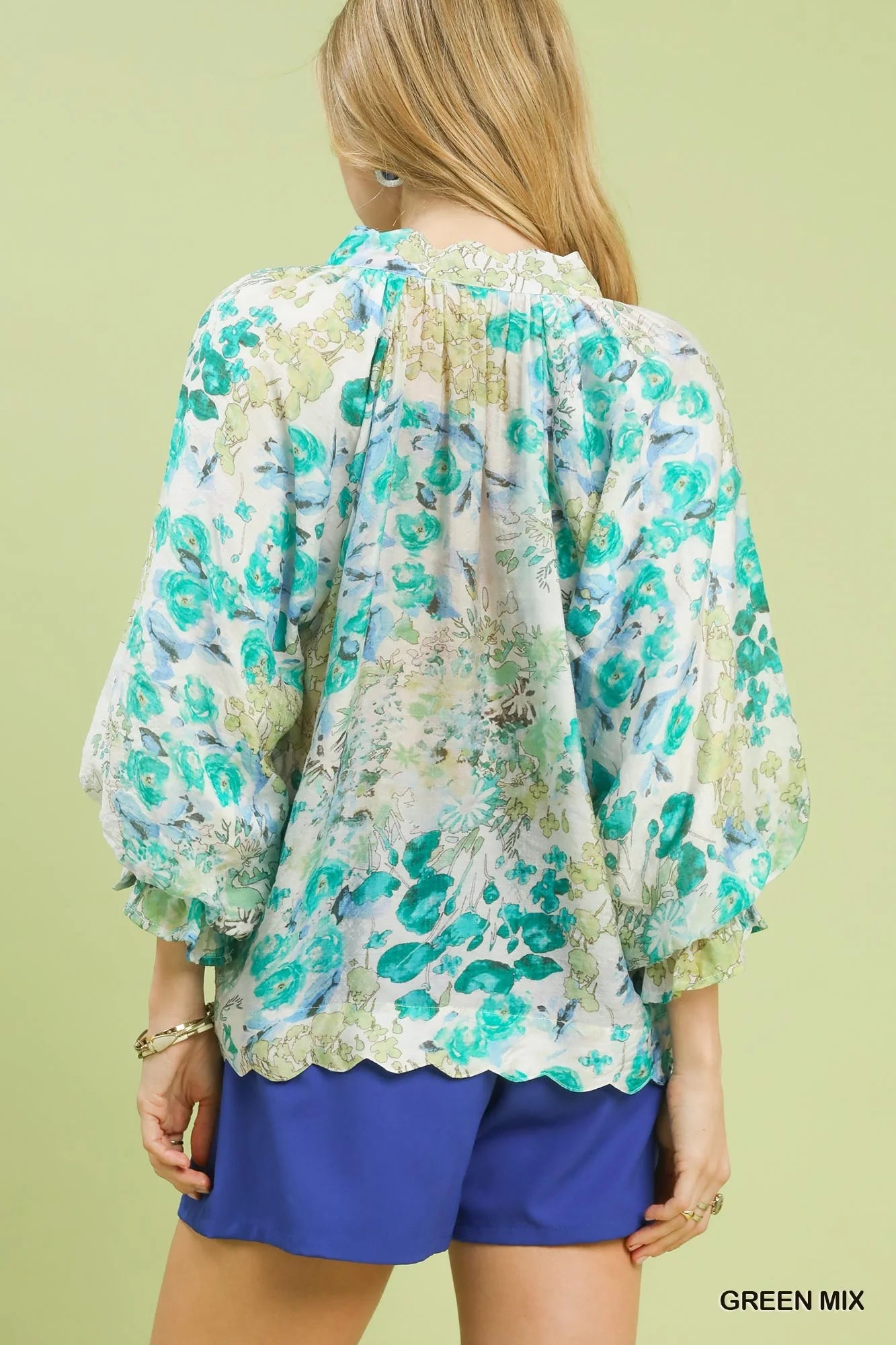 Umgee Watercolor Floral Blouse with Flounce Sleeve