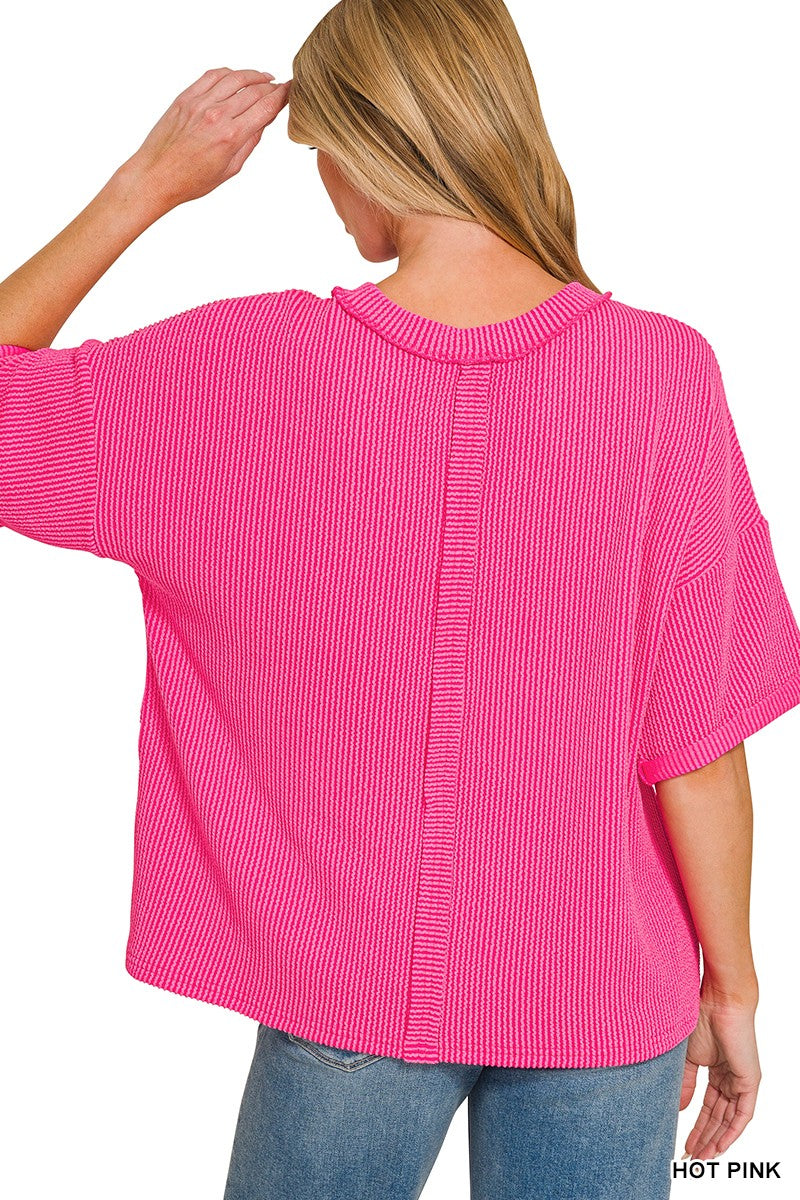 Zenana Raised Rib Short Sleeve Front Pocket Top