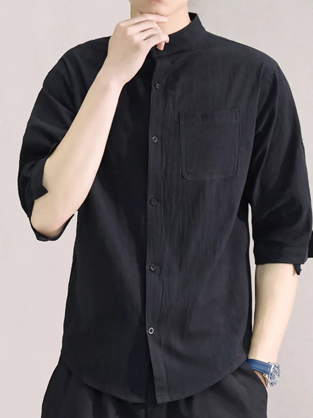 Men's Plus Size Button Up Roll-Up Sleeve Shirt