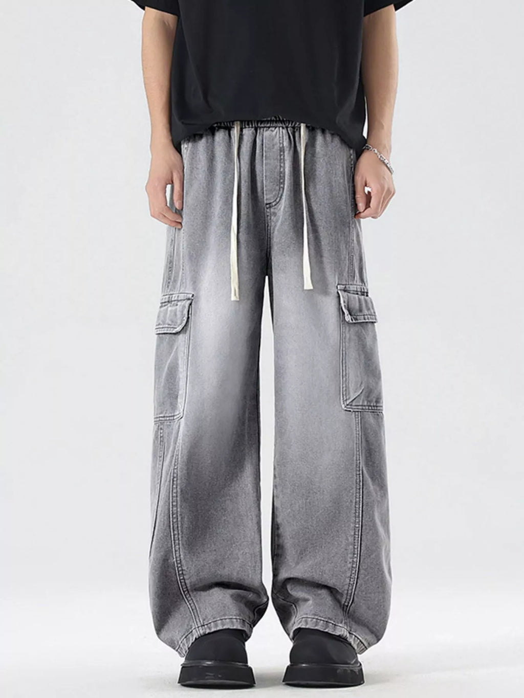 Men's Plus Size Wash Wide Leg Cargo Jeans