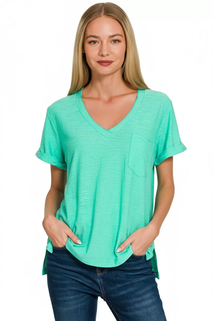 Zenana Slub Rolled Short Sleeve V-Neck Tee