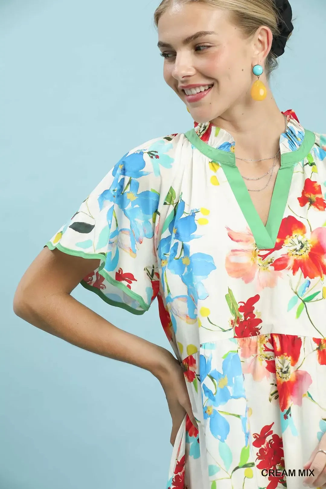 Umgee Watercolor Floral Print Dress with Contrast Trim