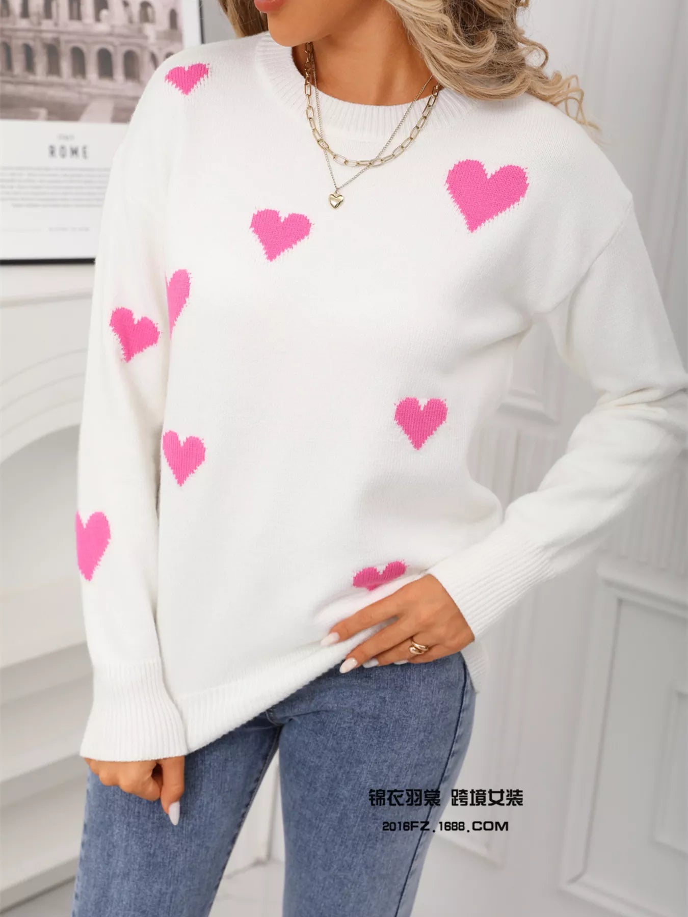 Valentine's Day Heart Print Round Neck Sweater