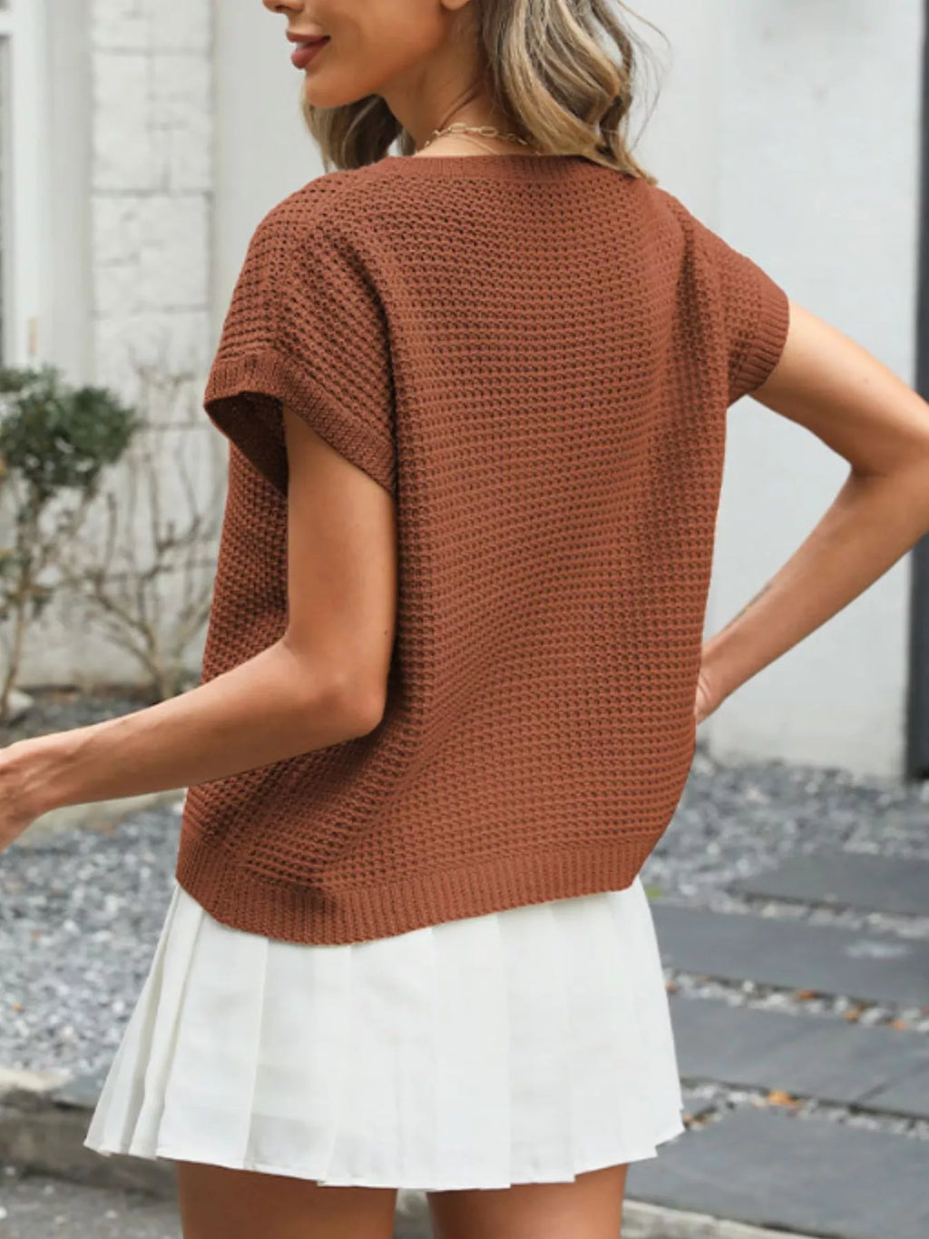 Round Neck Waffle Knit Top