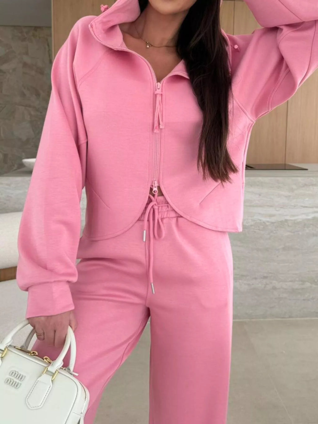 Solid Color Zip Up Hoodie Drawstring Loose Pants Set