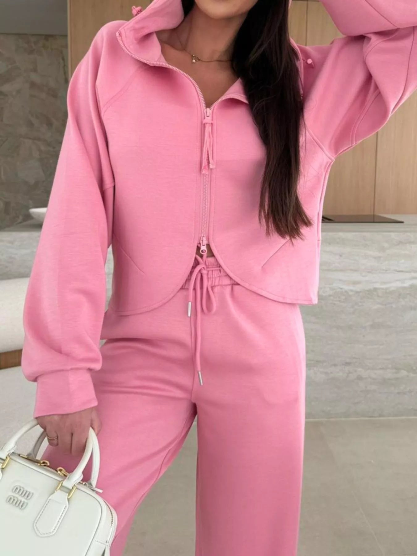 Solid Color Zip Up Hoodie Drawstring Loose Pants Set