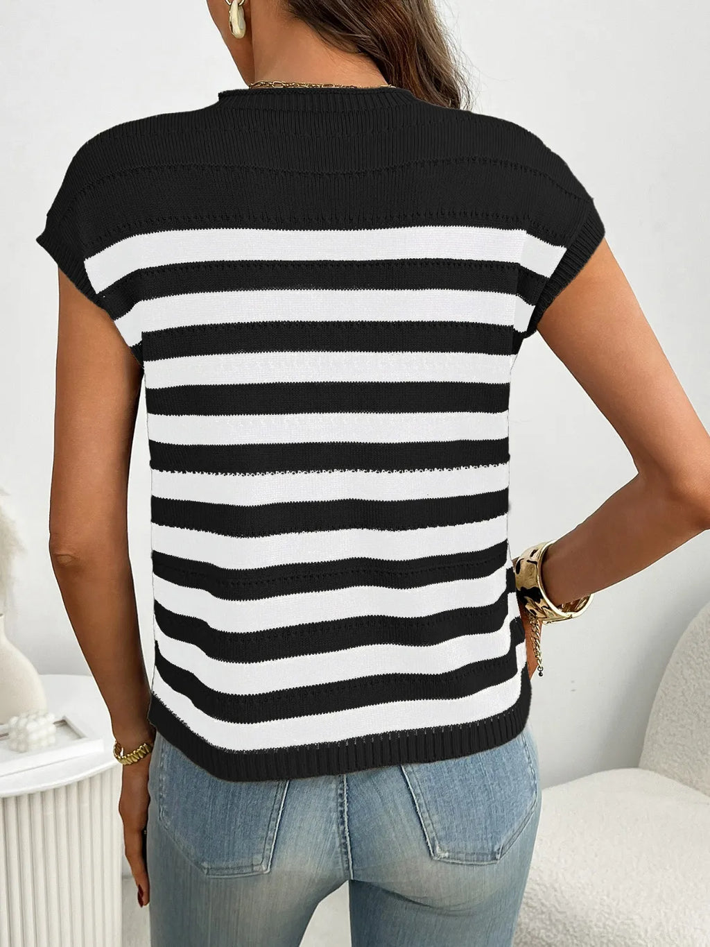 Striped Mock Neck Cap Sleeve Knit Top