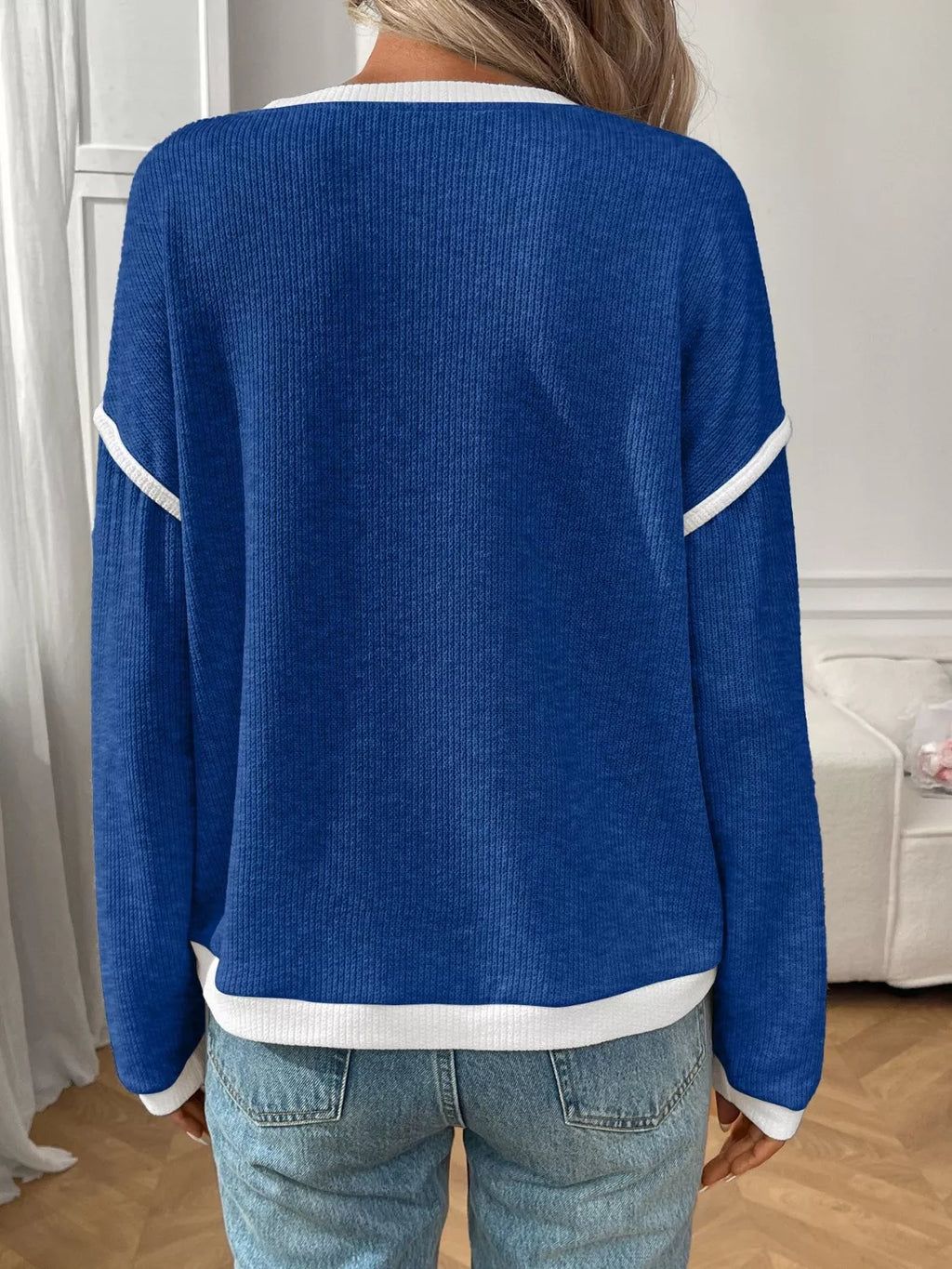 Ribbed Knit Contrast Trim Sweater