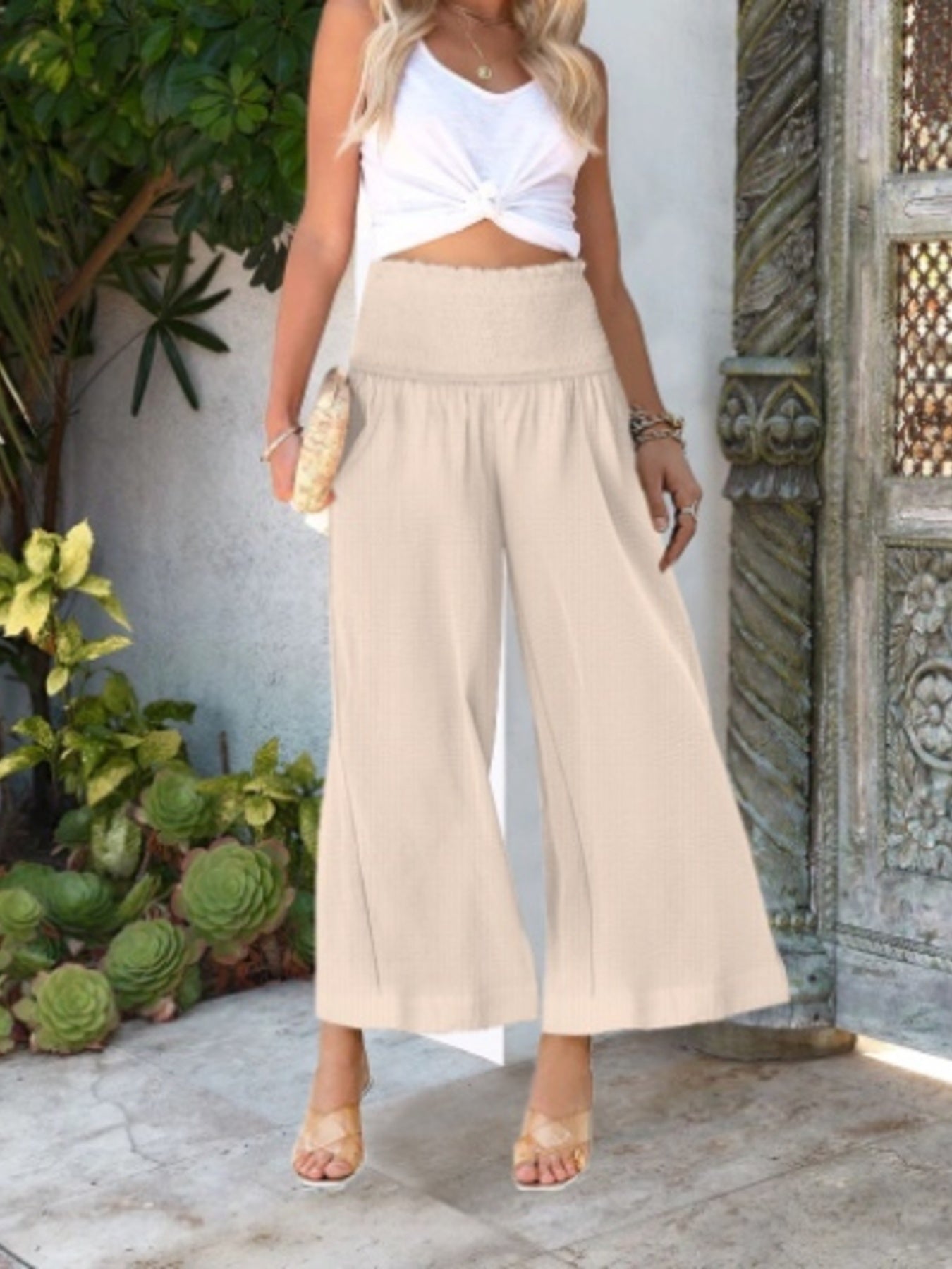 Wide-Leg Smocked Waist Pants