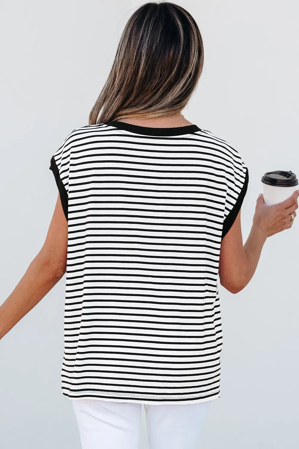 Striped Round Neck Cap Sleeve Top
