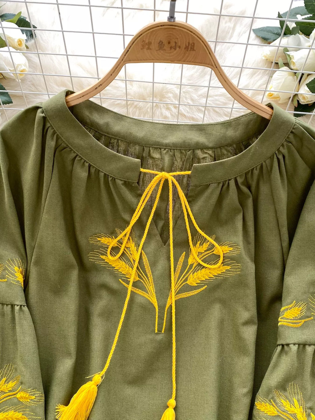 Embroidered Wheat Pattern Tie Neck Blouse