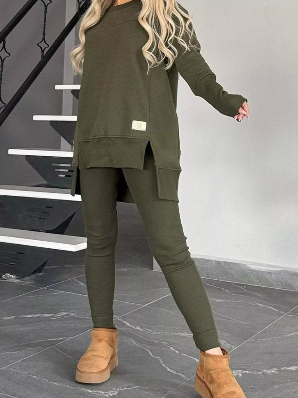 Full Size Slit Round Neck Top and Pants Set Plus Size