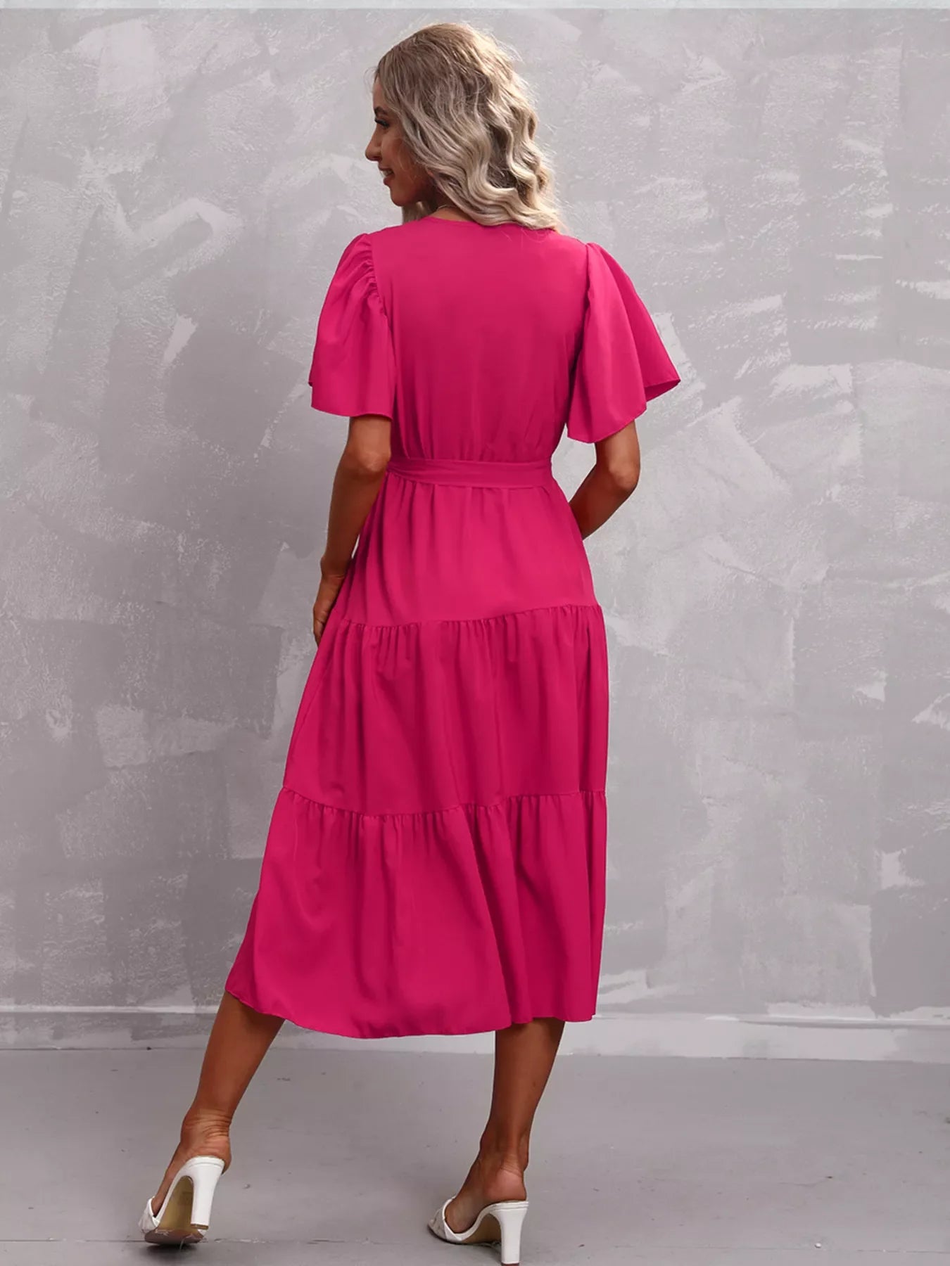 Flutter Sleeve Tiered Midi Dress