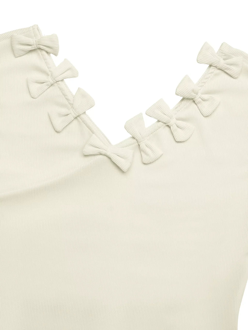Ribbed Knit Bow Decor V-Neck T-Shirt